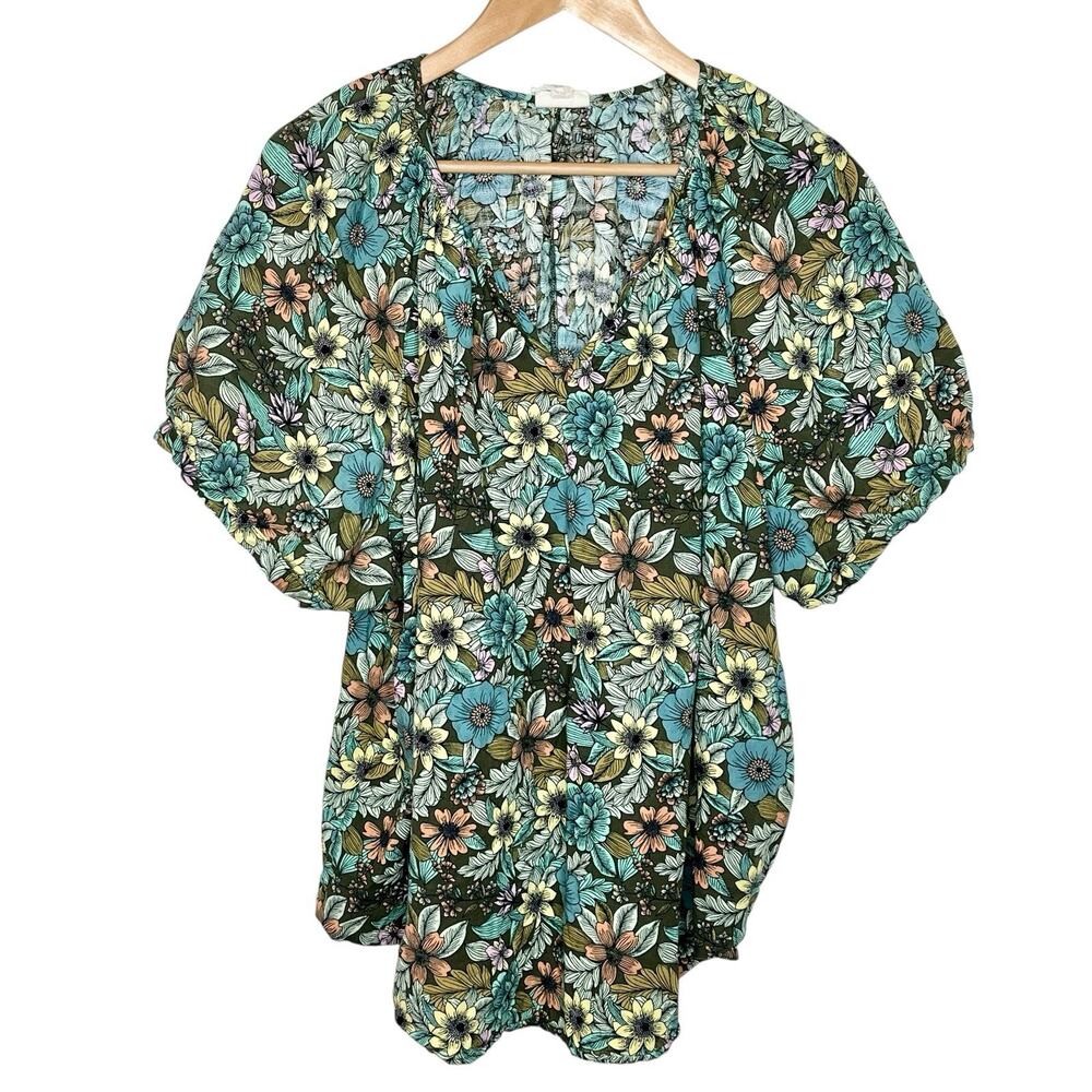 Ana Floral Print Puff Sleeve Top Womens 3X Colorful Spring Summer Boho Cotton